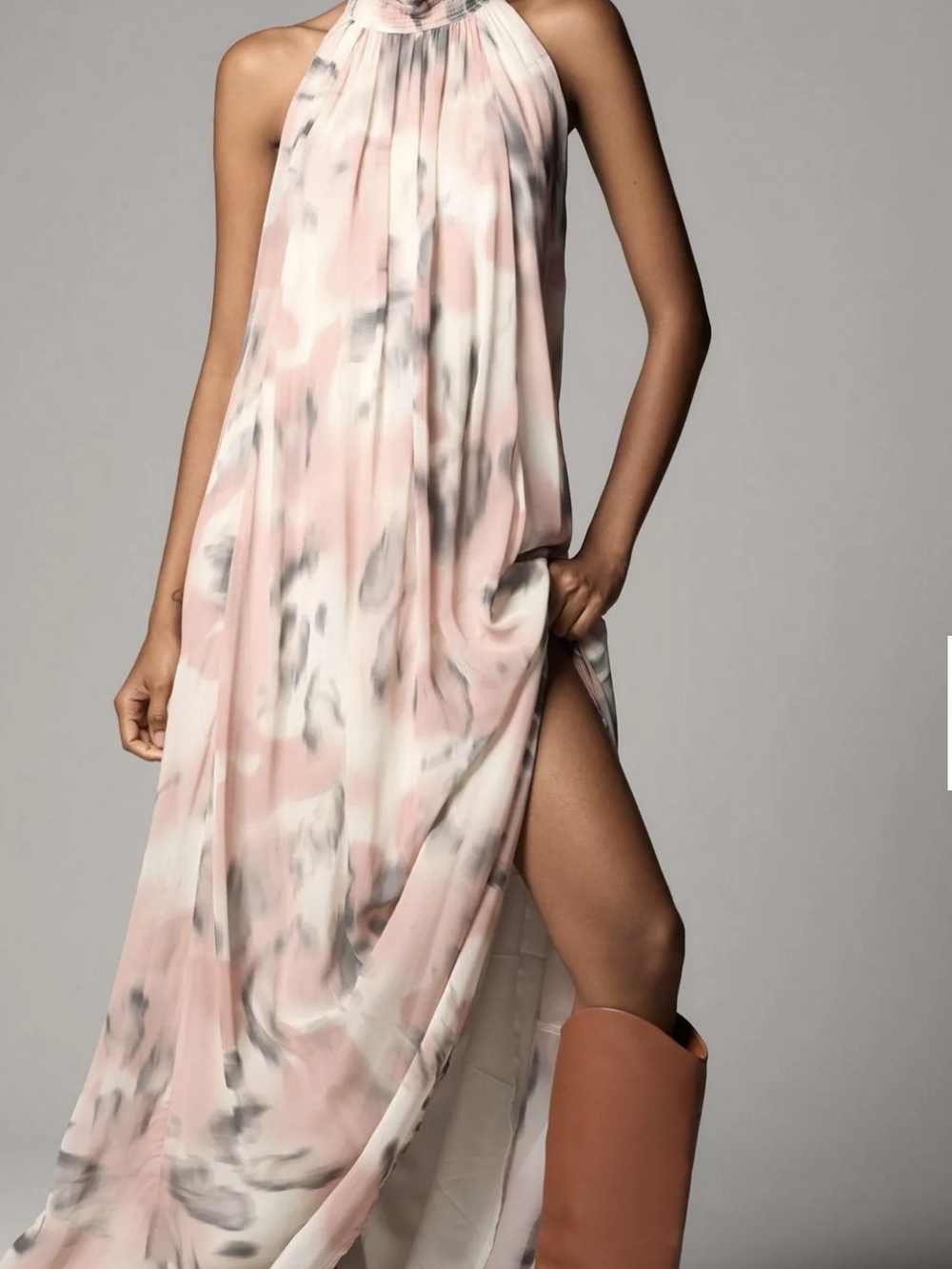 Maeve Halter Maxi Dress in Pink Marble Print